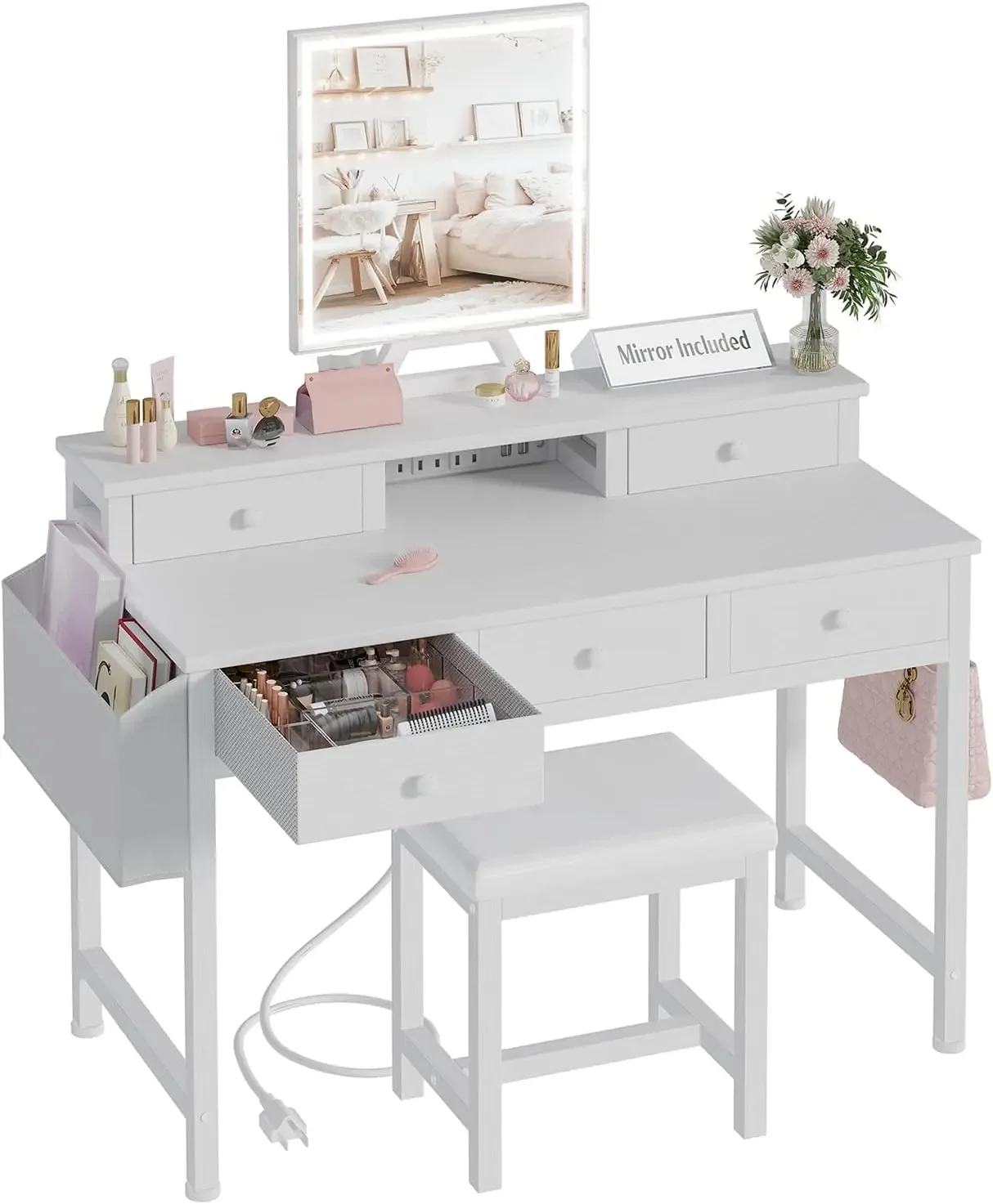Desk Vanity Setup - Biała toaletka z lustrem i oświetleniem,